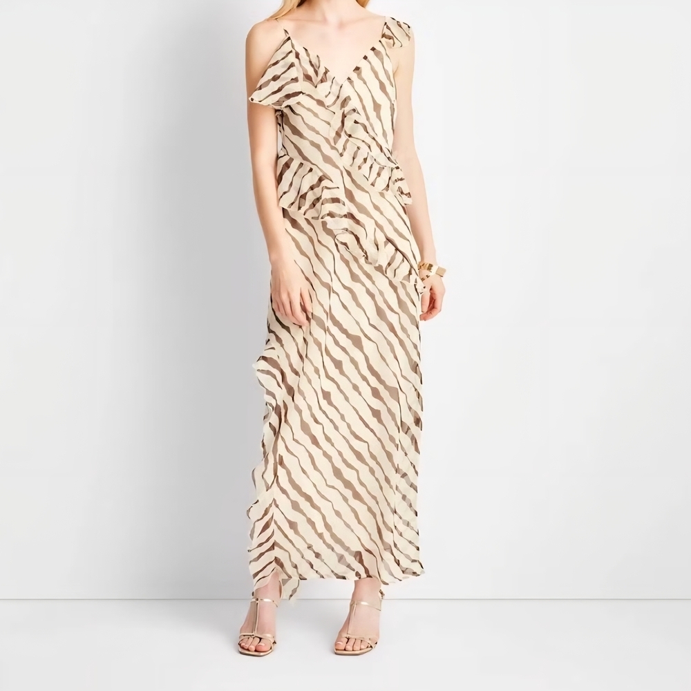 Future Collective Jenee Naylor Chic Ruffle Brown and Cream Women's M Dress - Picture 1 of 14